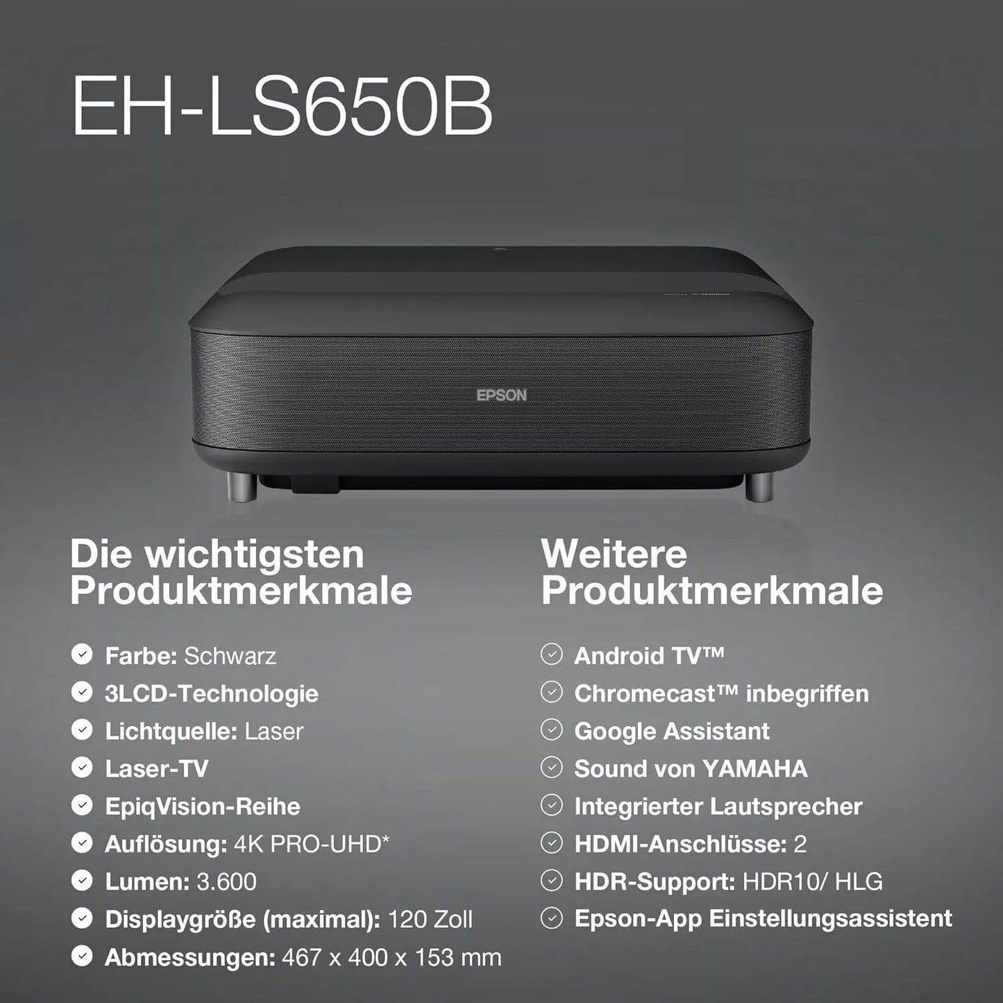 Epson EH-LS650B 4K PRO-UHD bis 120" 3600 Lumen